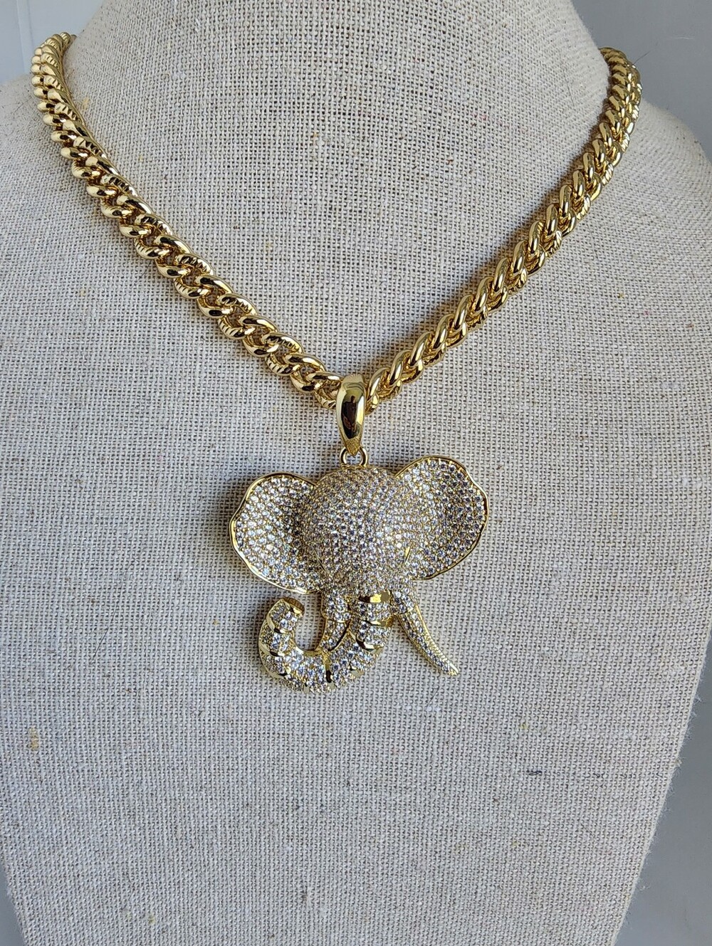 Gold Plated Elephant Pendant Necklace CZ Pave Cuban Chain 20" 5mm